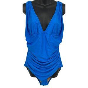 J. Crew Women Blue One-Piece Swimsuit Ruched Deep V-Neckline Slimming New